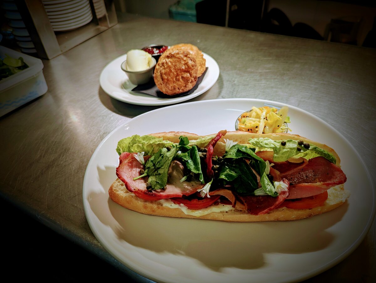 Cornish ham baguette with scone and clotted cream at The Chapel